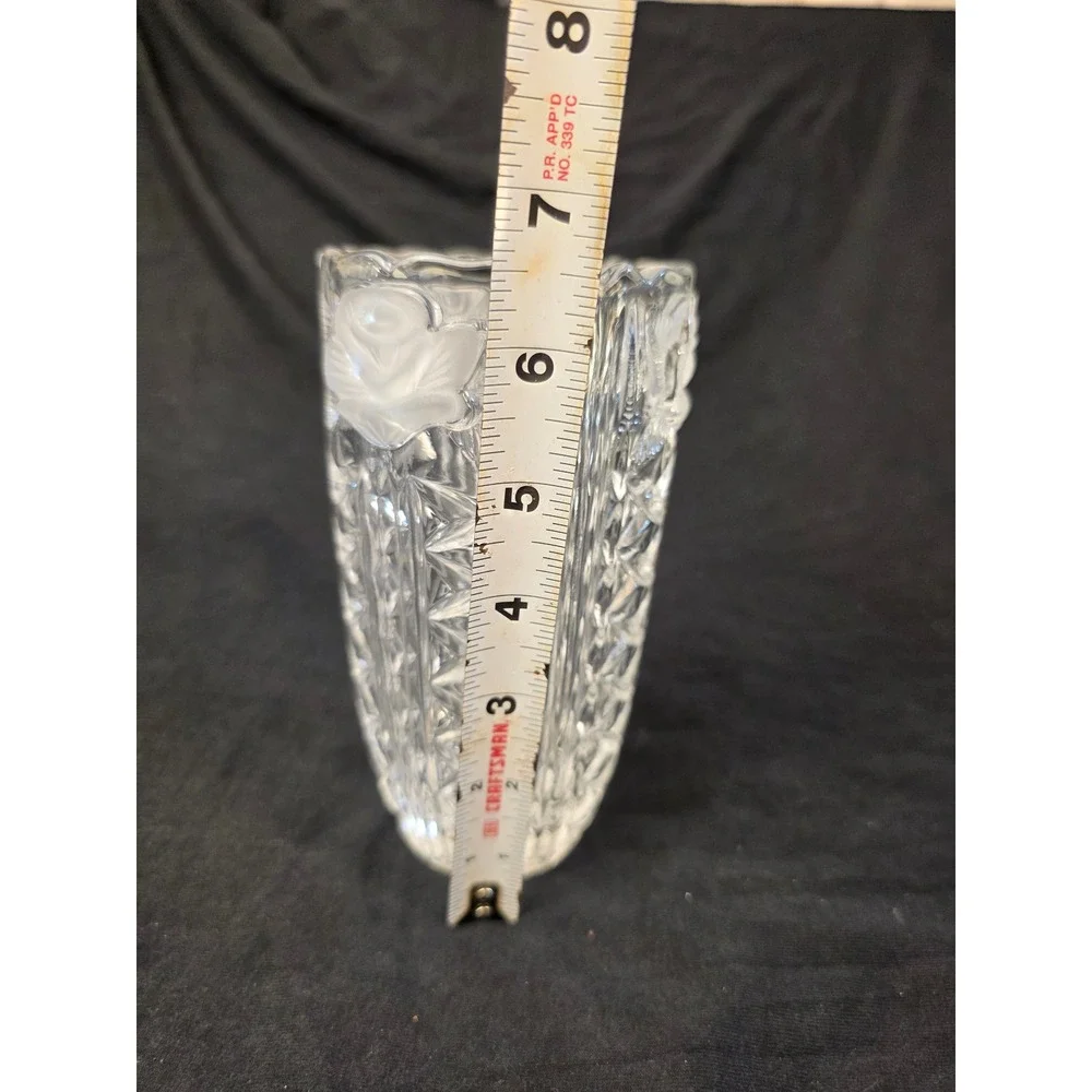Vintage Frosted Rose Crystal Glass Vase Scalloped Edge Diamond Cut 7‎ Inch